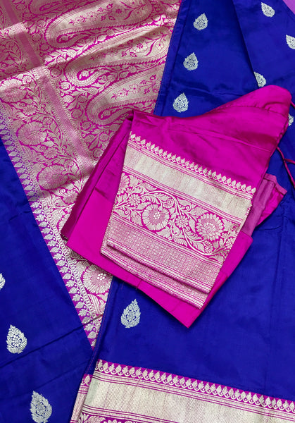 PURE BANARASI HANDLOOM KATAN SILK SAREE IN BLUE WITH PINK  ZARI BORDER AND PALLU