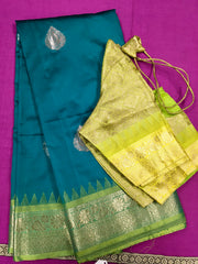 SKH131 SEMI-GADWAL SILK SAREE IN GREEN WITH LIGHT GREEN ZARI BORDER