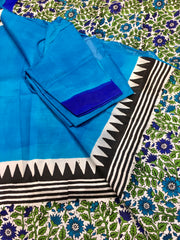 KKT140 PURE SILK MURSHIDABAD SAREE IN BLUE WITH BLACK STRIPES AND FLORAL DESIGN PALLU