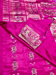 PURE HANDLOOM BALUCHURI SILK SAREE IN PINK WITH PURPLE AND GOLD ZARI THREAD WORK