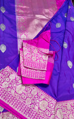 KKT124 PURE BANARASI HANDLOOM KATAN SILK SAREE IN PURPLE WITH RED RANI PINK BORDER AND PALLU