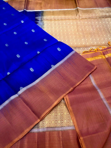 KSS331 Pure Kanjivaram Soft Silk Saree In Royal Blue w/ Orange Border. Fall Peco done. Stitched blouse size: 38 - 46. SILK MARK CERTIFIED