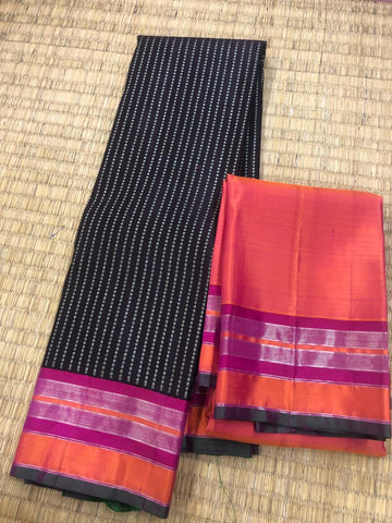 KSS309 Pure Kanjivaram Korvai Silk Saree In Dark Brown. Fall Peco done. Comes w/ stitched blouse size: 38 to 46. SILK MARK CERTIFIED