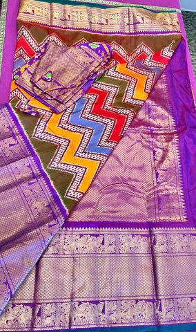 PURE HANDLOOM SILK IKKAT KANCHIPURAM SAREE IN MULTICOLOR PASTEL CHECKS WITH PURPLE KANCHIPURAM BORDER