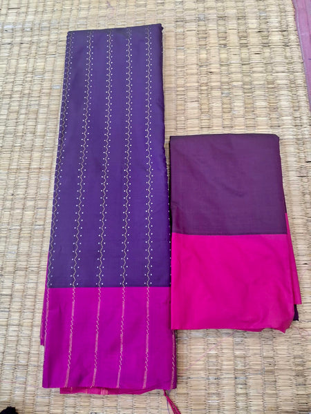 KSS320 Semi Silk Arani Pattu Saree w/ Stitched Blouse In Purple w/ Pink Border. Fall Peco done. Stitched blouse size: 38 to 46.