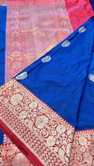 PURE BANARASI HANDLOOM KATAN SILK SAREE IN DARK BLUE WITH RED ZARI BORDER AND PALLU