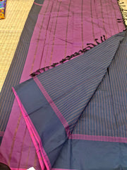 KSS323 Semi Silk Arani Pattu Saree w/ Stitched Blouse In Navy Blue w/ Pink Salvage. Fall Peco done. Stitched blouse size: 38 to 46.