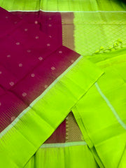 KSS333 Pure Kanjivaram Soft Silk Saree. Crimson Red w/ Green Border. Fall Peco. Stitched blouse size: 38 - 46. SILK MARK CERTIFIED