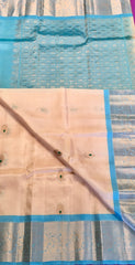 SKH142 KANCHIPURAM HANDLOOM PURE SILK SAREE IN IVORY WITH BLUE ZARI BORDER AND PALLU