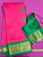 SKH125 PURE KANCHIPURAM HANDLOOM SICO KORVAI SILK COTTON SAREE IN PINK WITH GREEN BORDER