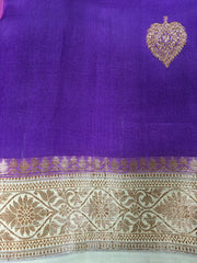 KKT111 PURE BANARASI HANDLOOM KORA SILK SAREE IN PURPLE WITH BEIGE ZARI BORDER AND PALLU