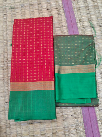 KSS315 Semi Silk Arani Pattu Saree In Red. Fall Peco done. Comes w/ stitched blouse size: 38 to 46.