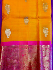 KANCHIPURAM HANDLOOM PURE SILK SAREE IN YELLOW WITH PINK ZARI BORDER AND PALLU