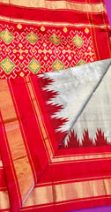 SKH134 PURE HANDLOOM SILK IKKAT KANCHIPURAM SAREE IN GREY WITH RED TEMPLE BORDER