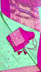 PURE BANARASI HANDLOOM KATAN SILK SAREE IN LIGHT GREEN WITH PINK ZARI BORDER AND PALLU