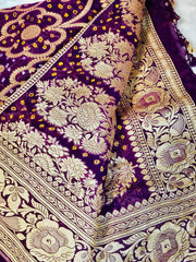 BKS 017 -  Authentic Hand Bandhej Banarasi Khaddi Silk Georgette Saree with jaal weave. Comes with unstitched Blouse.