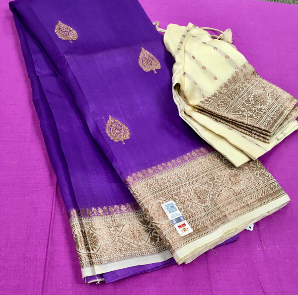 KKT111 PURE BANARASI HANDLOOM KORA SILK SAREE IN PURPLE WITH BEIGE ZARI BORDER AND PALLU