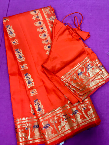 PURE HANDLOOM BALUCHURI SILK SAREE IN ORANGE WITH BLUE AND GOLD ZARI THREAD WORK