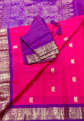 SKH147 PURE GADWAL HANDLOOM SILK SAREE IN PINK WITH PURPLE ZARI BORDER AND PALLU