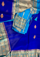 KKT107 PURE BANARASI HANDLOOM KORA SILK SAREE IN DARK BLUE WITH LIGHT BLUE ZARI BORDER AND PALLU