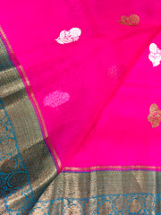 KKT108 PURE BANARASI HANDLOOM KORA SILK SAREE IN PINK WITH LIGHT BLUE ZARI BORDER AND PALLU