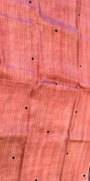 KKT144 PURE SILK MURSHIDABAD SAREE IN SALMON PINK WITH BLACK AND WHITE STRIPES