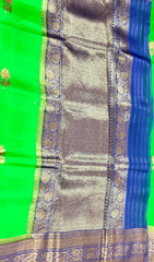 KKT112 PURE BANARASI HANDLOOM KORA SILK SAREE IN PARROT GREEN WITH BLUE  ZARI BORDER AND PALLU