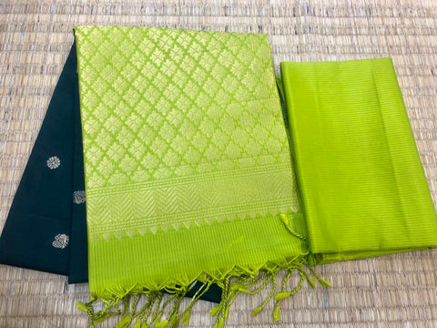 KSS330 Pure Kanjivaram Soft Silk Saree In Green w/ Green Border. Fall Peco. Stitched blouse size: 38 - 46. SILK MARK CERTIFIED