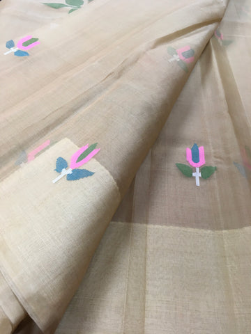 KKT129 PURE MATKA SILK JAMDANI SAREE IN BEIGE WITH MULTICOLOR THREAD WORK