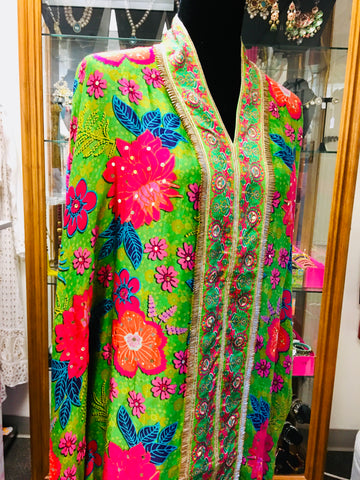 RFSS2007 -Pure Crepe Printed Kaftan In Neon Green With Tulip Pants And Potli