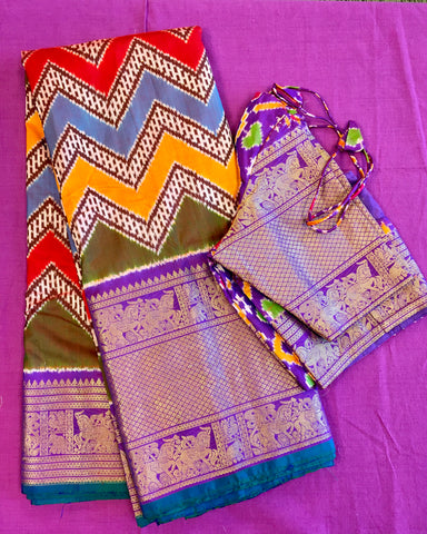 SKH137 PURE HANDLOOM SILK IKKAT KANCHIPURAM SAREE IN MULTICOLOR PASTEL CHECKS WITH PURPLE KANCHIPURAM BORDER