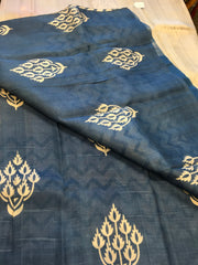 KKT135 PURE SILK MURSHIDABAD SAREE IN WHITE AND GREY CHEVRON PATTERN