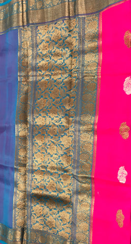 KKT108 PURE BANARASI HANDLOOM KORA SILK SAREE IN PINK WITH LIGHT BLUE ZARI BORDER AND PALLU