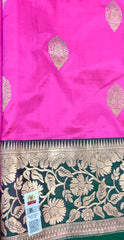 PURE BANARASI HANDLOOM KATAN SILK SAREE IN PINK WITH BOTTLE GREEN ZARI BORDER AND PALLU