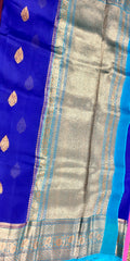 KKT107 PURE BANARASI HANDLOOM KORA SILK SAREE IN DARK BLUE WITH LIGHT BLUE ZARI BORDER AND PALLU