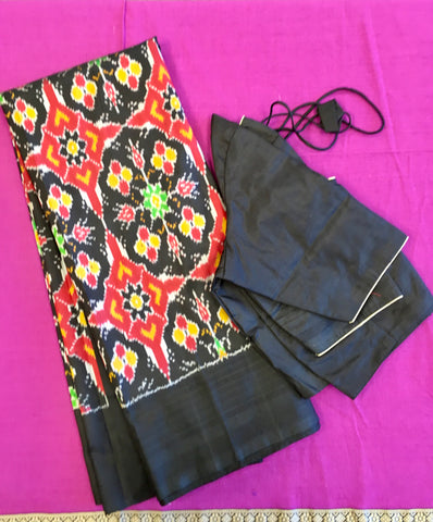 SKH139 PURE HANDLOOM SILK IKKAT SAREE IN BLACK WITH PLAIN BLACK SILK BORDER