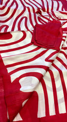 KKT137 PURE SILK MURSHIDABAD SAREE IN WHITE AND RED STRIPES