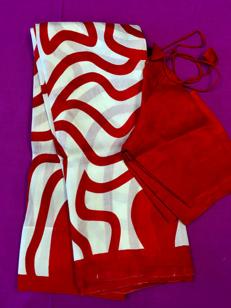 KKT137 PURE SILK MURSHIDABAD SAREE IN WHITE AND RED STRIPES