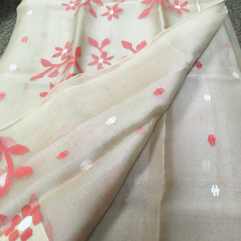 KKT133 PURE MATKA SILK JAMDANI SAREE IN BEIGE WITH ORANGE THREAD WORK