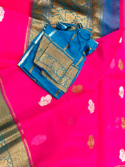 KKT108 PURE BANARASI HANDLOOM KORA SILK SAREE IN PINK WITH LIGHT BLUE ZARI BORDER AND PALLU