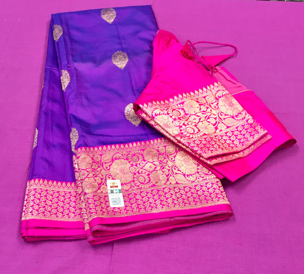 PURE BANARASI HANDLOOM KATAN SILK SAREE IN PURPLE WITH RED RANI PINK BORDER AND PALLU