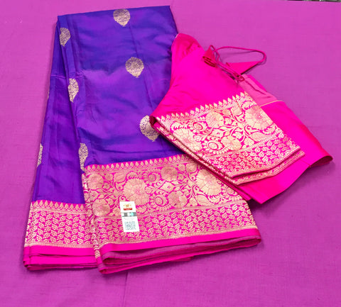 PURE BANARASI HANDLOOM KATAN SILK SAREE IN PURPLE WITH RED RANI PINK BORDER AND PALLU