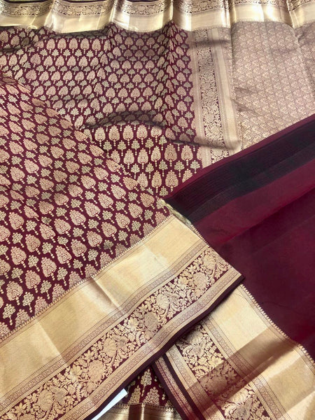 KSS308 Equisite Kanjivaram Pure Silk Brocade Saree In Maroon. Fall Peco done. Comes with stitched blouse size: 38 to 46. SILK MARK CERTIFIED