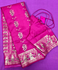 PURE HANDLOOM BALUCHURI SILK SAREE IN PINK WITH PURPLE AND GOLD ZARI THREAD WORK