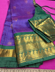 SKH107 PURE KANCHIPURAM HANDLOOM SICO KORVAI SILK COTTON SAREE IN PURPLE WITH BOTTLE GREEN BORDER