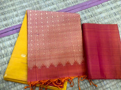 KSS332 Pure Kanjivaram Soft Silk Saree In Orange w/ Red Border. Fall Peco done. Stitched blouse size: 38 - 46. SILK MARK CERTIFIED