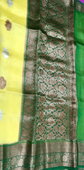 KKT110 PURE BANARASI HANDLOOM KORA SILK SAREE IN LEMON YELLOW WITH GREEN ZARI BORDER AND PALLU