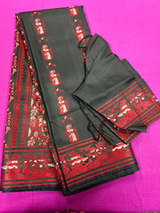 PURE HANDLOOM BALUCHURI SILK SAREE IN BLACK WITH RED AND WHITE SILK THREAD WORK