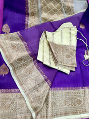 KKT111 PURE BANARASI HANDLOOM KORA SILK SAREE IN PURPLE WITH BEIGE ZARI BORDER AND PALLU