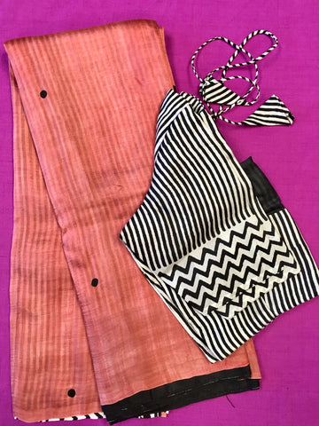 KKT144 PURE SILK MURSHIDABAD SAREE IN SALMON PINK WITH BLACK AND WHITE STRIPES